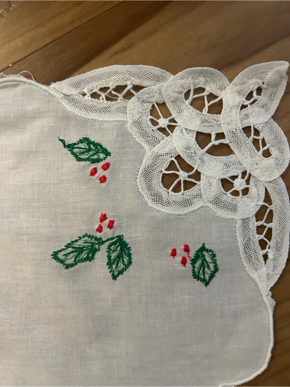 Vintage White Embroidered Linen Doily with Green Leaves & Red Berries